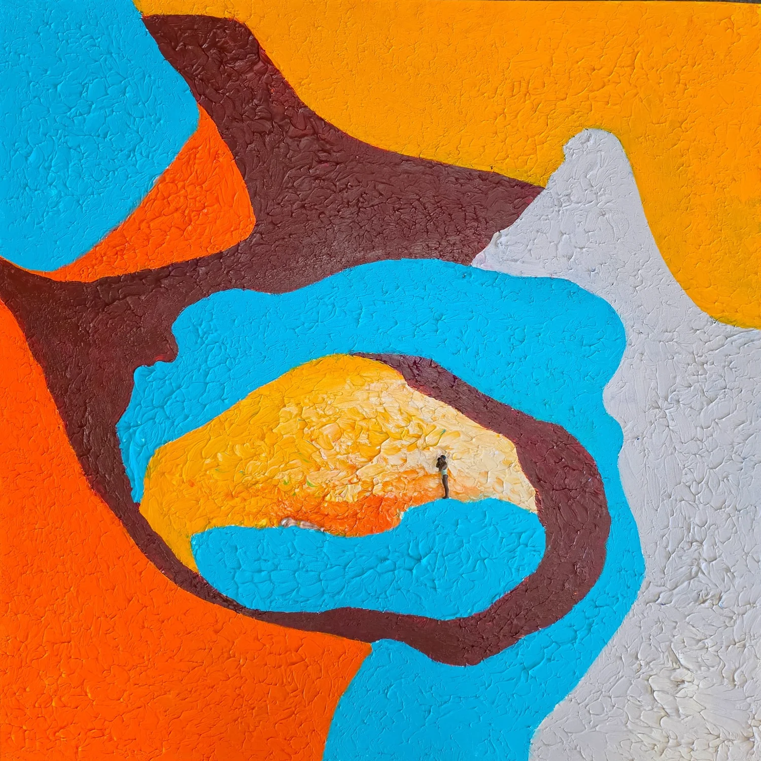 Abstract relief painting in yellow, orange, turquoise and burgundy.