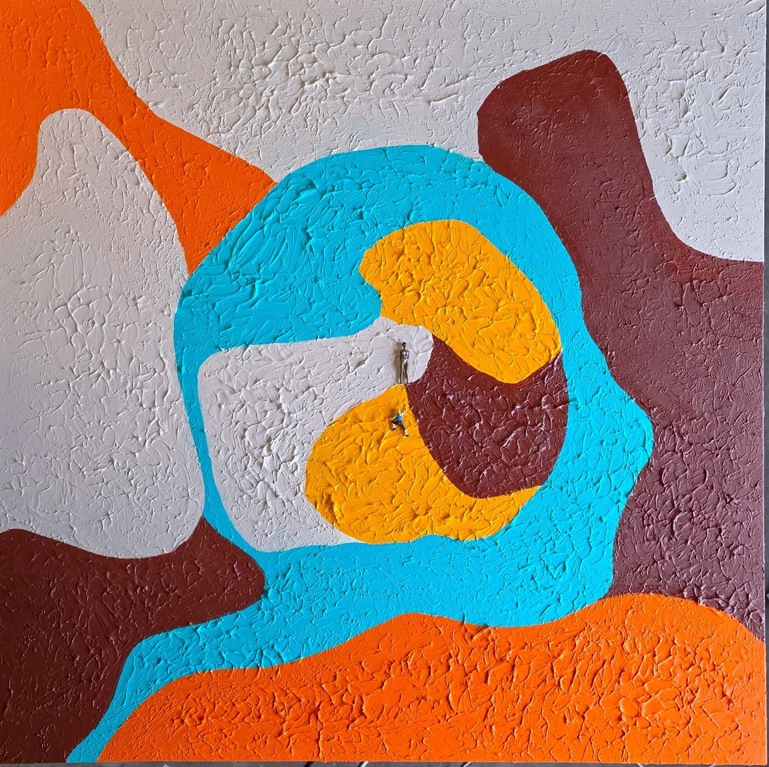 A playful relief composition with light grey, orange, blue and reddish-brown colour fields.