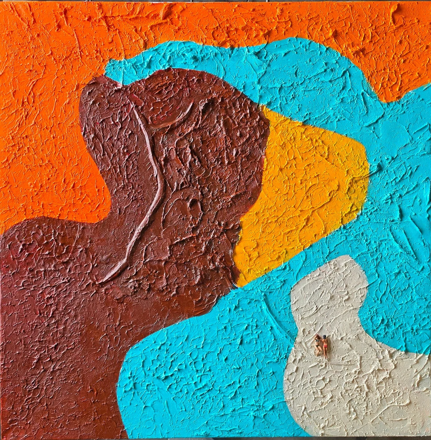 Expressive relief painting by Ward Schepman with orange, turquoise, yellow and brown colour fields and small human figures.