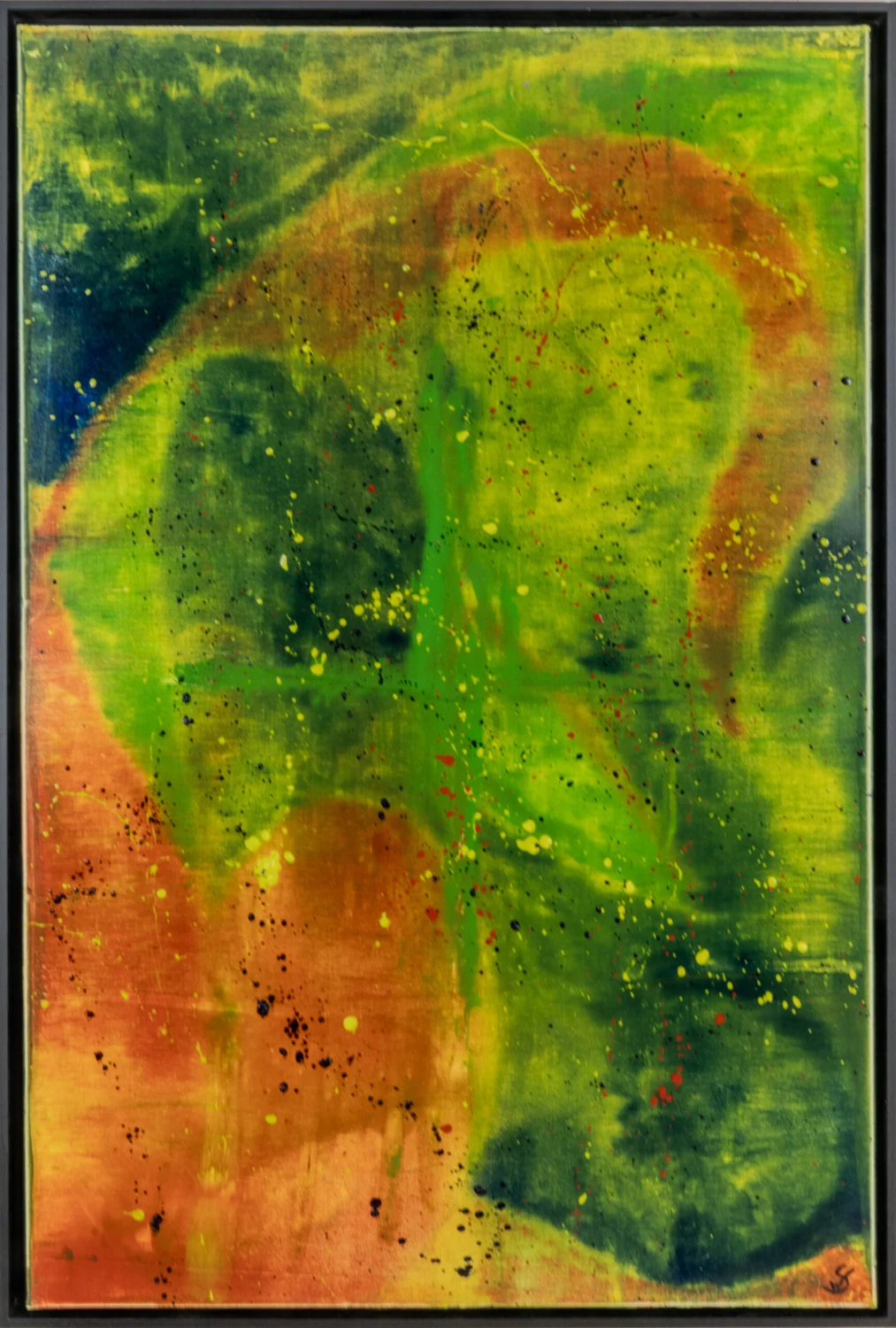 A framed abstract painting with layers of green, yellow and orange paint.